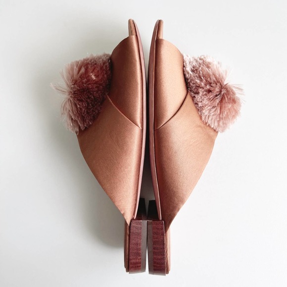 AD & Daughters Satin Leather Pom Pom Harthe Slide Mules Rusty Blush Size 6.5 - Picture 3 of 9